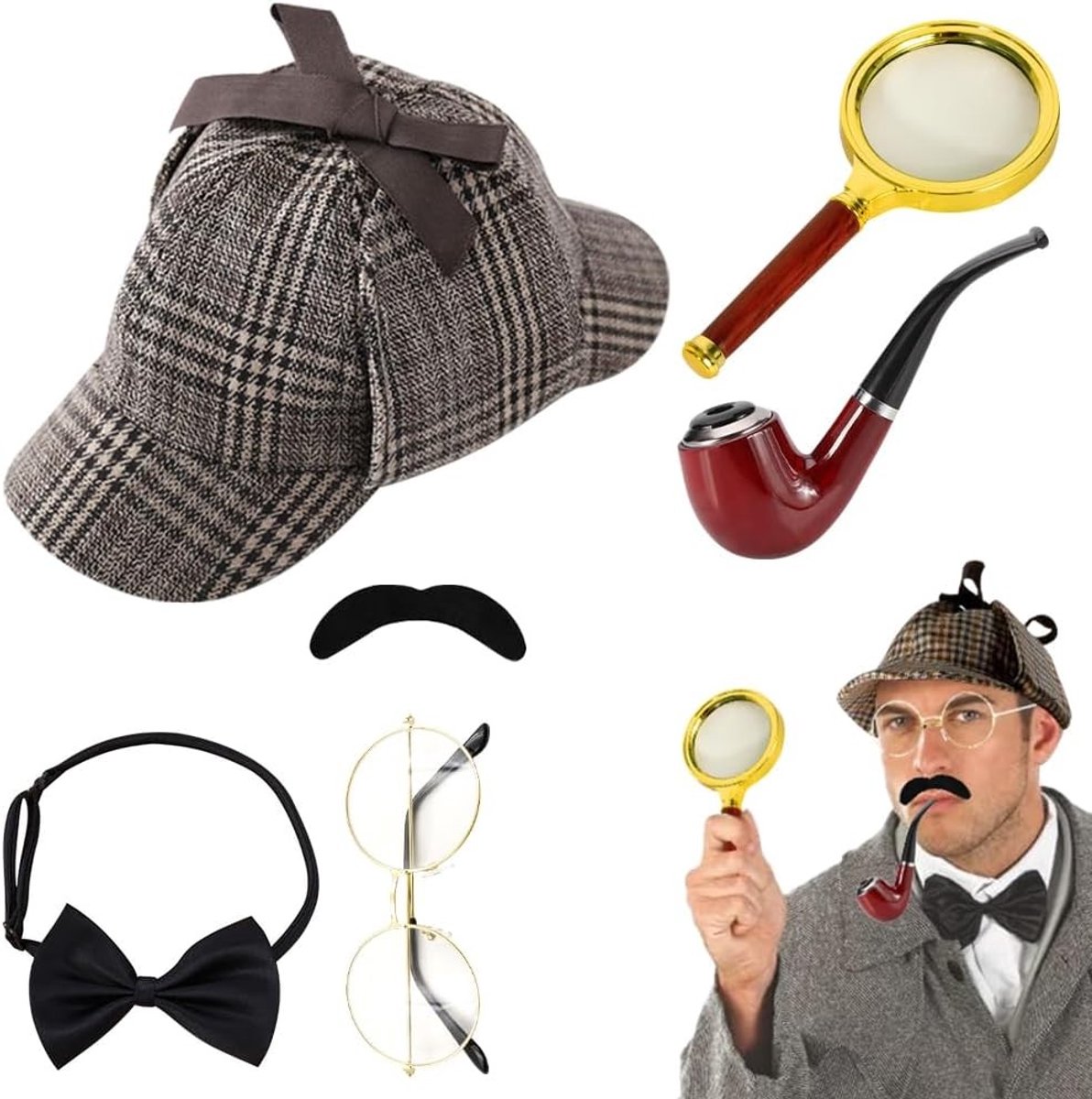Detective-kostuumaccessoireset voor heren en kinderen met hoed, vergrootglas en bril voor cosplay en themafeesten