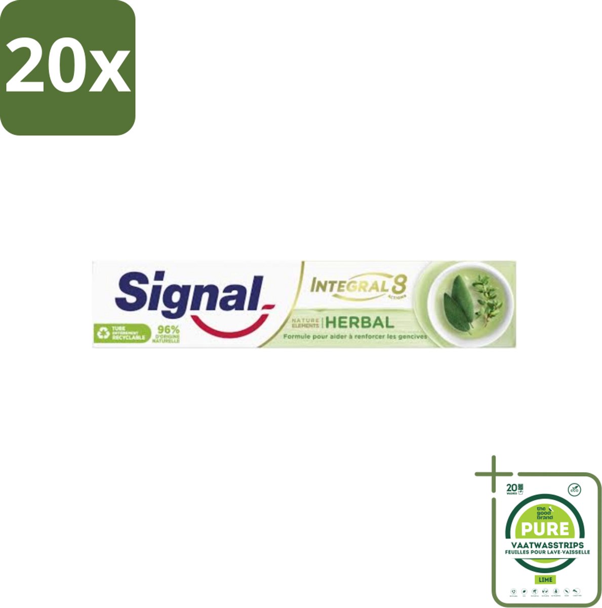 20 x Signal - Integral & Actions - Tandpasta - Natuurlijke Kruiden - Gerecyclede Verpakking - 75 ml - Grootverpakking - Tandpasta - Natuurlijke Ingrediënten - Fluoride - Mondverzorging - Tandenpoetsen