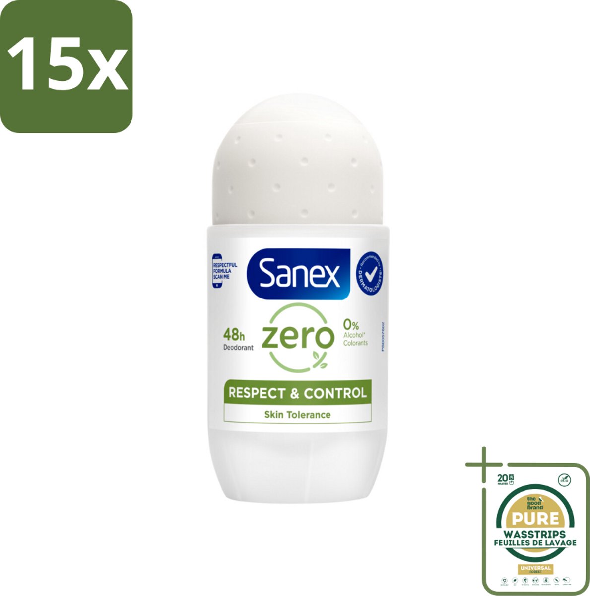 15 x Sanex Deodorant Roller Zero% Normal Skin 50 ml - Grootverpakking - 24 Uur Deodorant - Aluminiumzouten Vrij - Alcohol Vrij - Huidvriendelijk - Gevoelige Huid
