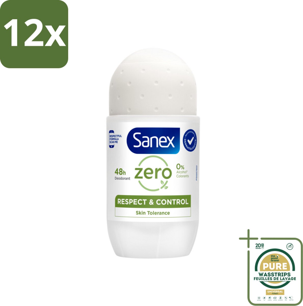 Sanex Deodorant Roller Zero% Normal Skin 50 ml - Voordeelverpakking - 12 stuks - Alcoholvrije deodorant - Deodorant voor gevoelige huid