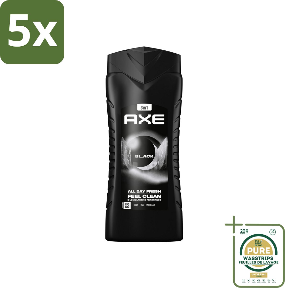 5 x Axe 3-in-1 Douchegel XL Black 400 ml - Grootverpakking - Douchegel - Lichaam - Gezicht - Haar - Frisheid