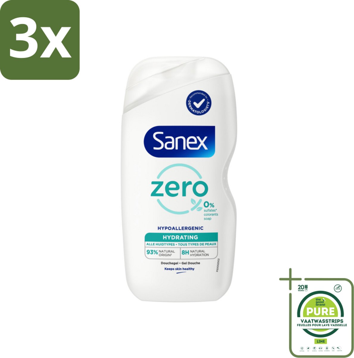 3 x Sanex Zero % - Douchegel - Hydrateert - Alle Huidtypes - 400 ml - Grootverpakking - Sanex Douchegel - Hydraterende Douchegel - Douchegel Zonder Sulfaten - Douchegel Zonder Kleurstoffen - Douchegel Voor Alle Huidtypes