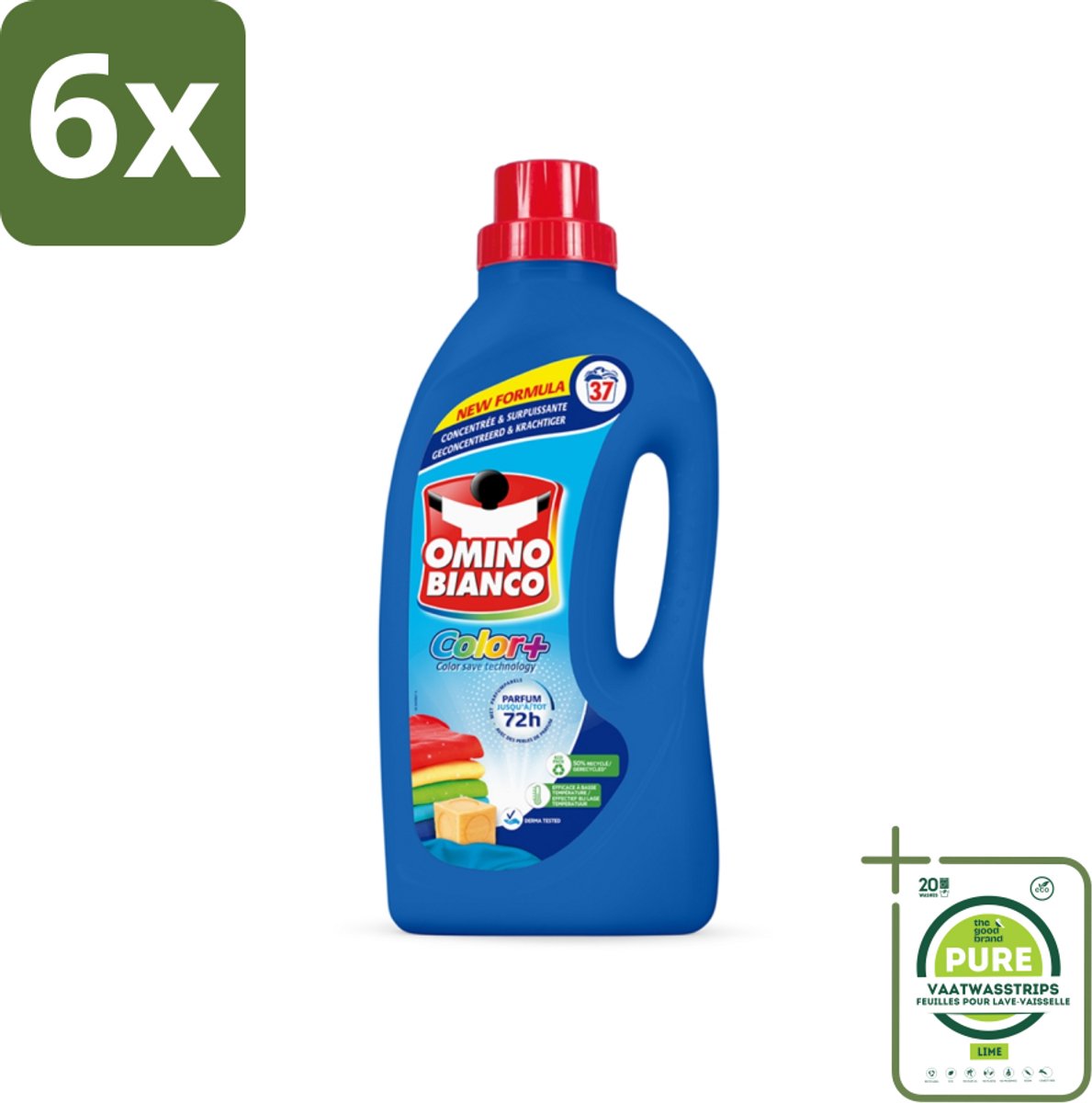 Omino Bianco - Color+ - Wasmiddel - Tot 72h Parfum - Gekleurde Was - 37 Wasbeurten - Voordeelverpakking - 6 stuks - Wasmiddel - Gekleurde was