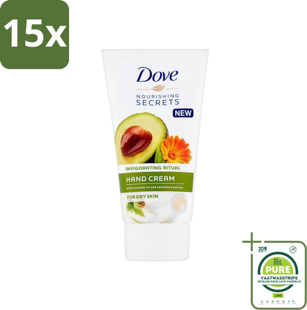 15 x Dove Nourishing Secrets - Handcrème - Avocado olie & Goudsbloem extract - Droge huid -75 ml - Grootverpakking - Handcreme - Avocado - Goudsbloem - Droge Handen - Hydraterende Creme