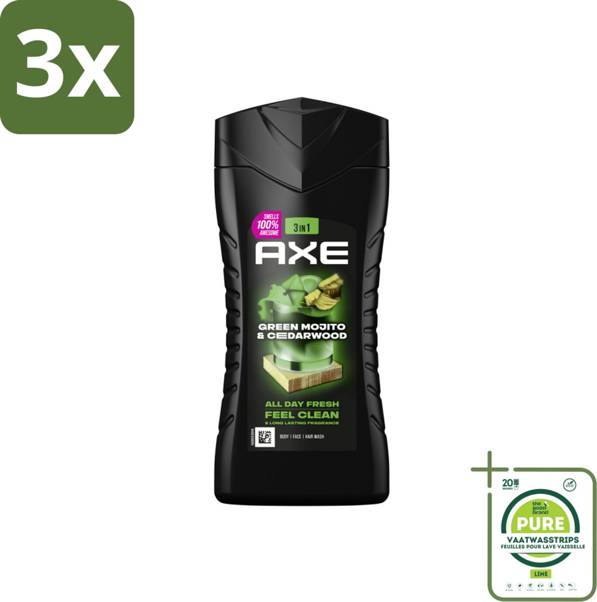 3 x Axe - 3-in-1 Douchegel - Wild Mojito & Cedarwood - 12hrs Long Lasting Scent - 250 ml - Grootverpakking - Douchegel - Deodorant - Axe - Wild Mojito - Cedarwood