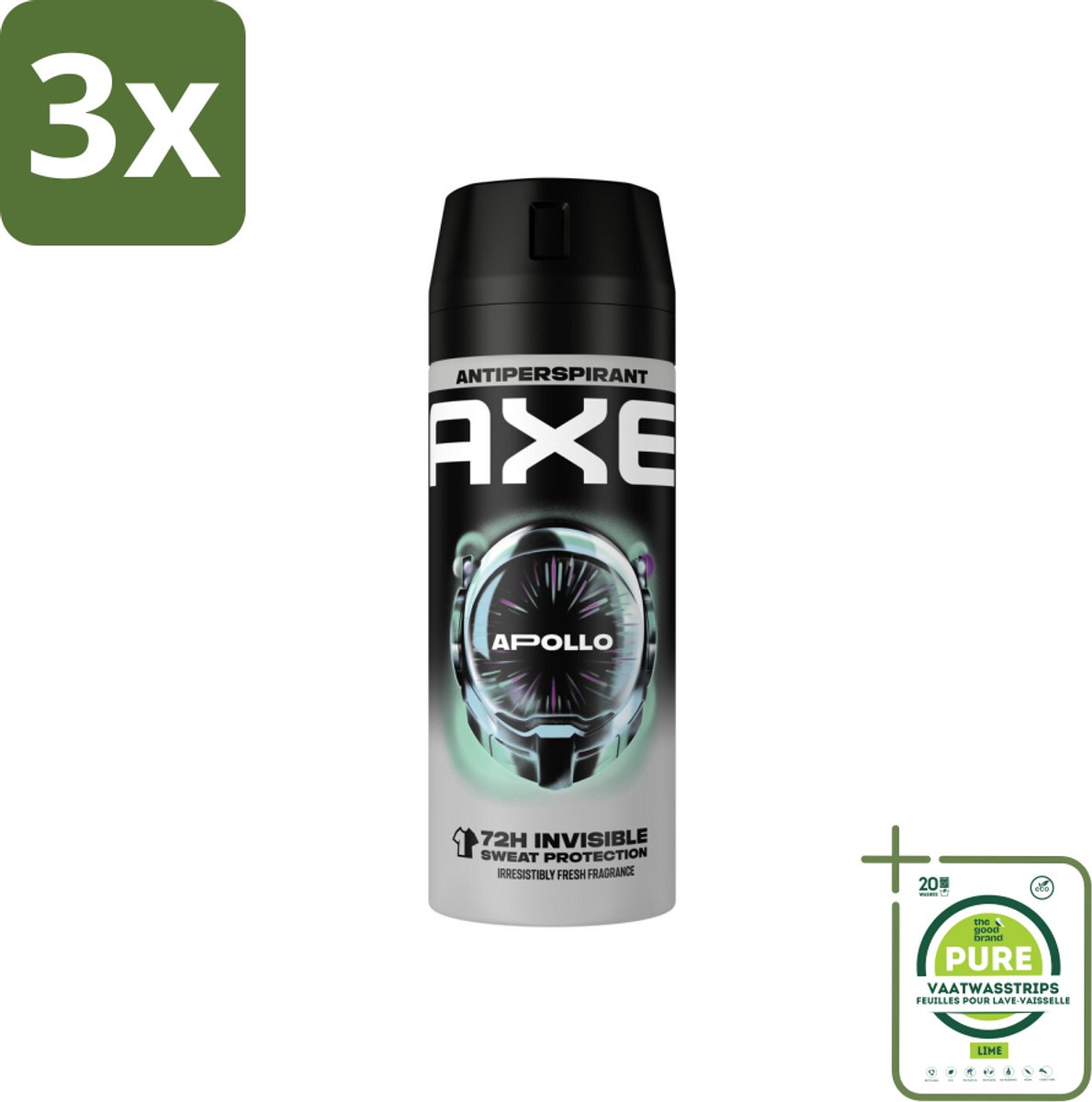 3 x Axe - Deodorant Spray - 72hrs Anti Sweat - Apollo - 150 ml - Grootverpakking - Anti-transpirant - Deodorant - Axe Apollo - 72 Uur Bescherming - Groen Fruit