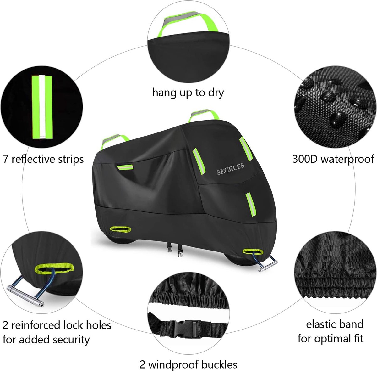 300D Waterdichte Motorhoes Buiten, Motorafdekzeil Wind Regen UV Stof Beschermend met 7 Reflecterende Strips en 2 - ShopVlot