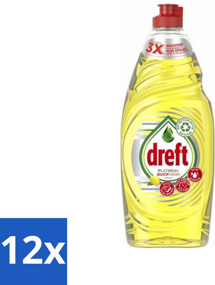 12 x Dreft Platinum Quickwash - Vloeibaar Afwasmiddel - Citroen- 625 ml - Afwasmiddel - Vloeibaar Afwasmiddel - Snel Afwasmiddel - Citroen Geur - Hardnekkige Vetresten