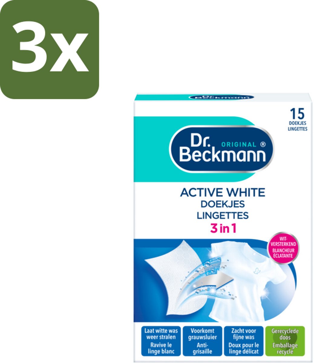 3 x Dr. Beckmann - Kleurverzorging - Active White - Witte Was - 15 Doekjes - Witwas - Grauwsluier Verwijderen - Witte Was Herstellen - Actieve Witmaker - Was Reinigen