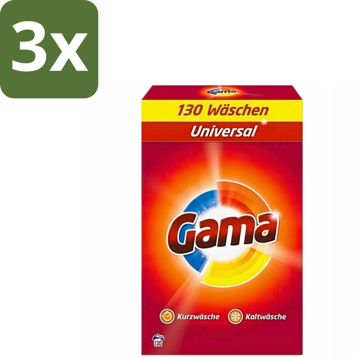 3 x Gama - 3-in-1 Waspoeder - Universal - Voor Alle Kleuren - 130 Wasbeurten - Waspoeder - Wasbeurten - Wasmachine - Kleurenbeschermer - Vlekkenverwijderer
