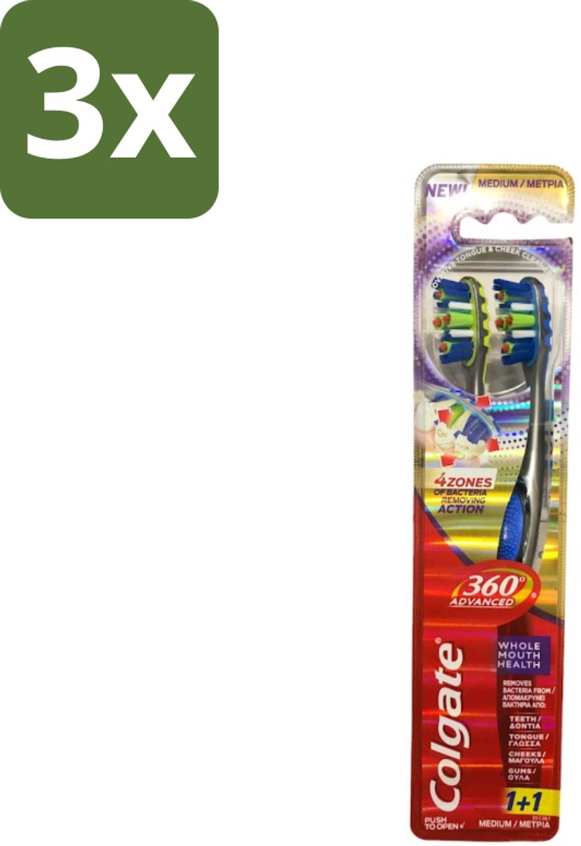 3 x Colgate - 360° Geavanceerd - Tandenborstel - Medium - 2 Tandenborstels - Tandenborstel - Mondhygiëne - Tandenborstel 360° - Bacteriën Verwijderen - Tanden Reinigen