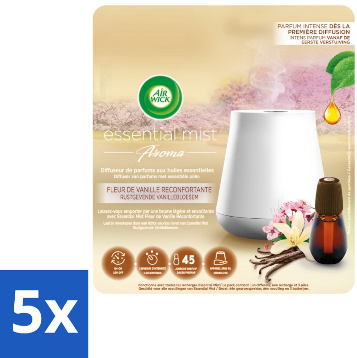 5 x Air Wick Essential Mist - Elektrische Geurverspreider - Starterkit - Rustgevende Vanillebloesem - 20ml - Geurverspreider - Vanillebloesem - Rustgevende Geur - Essentiële Oliën - Warme Geur