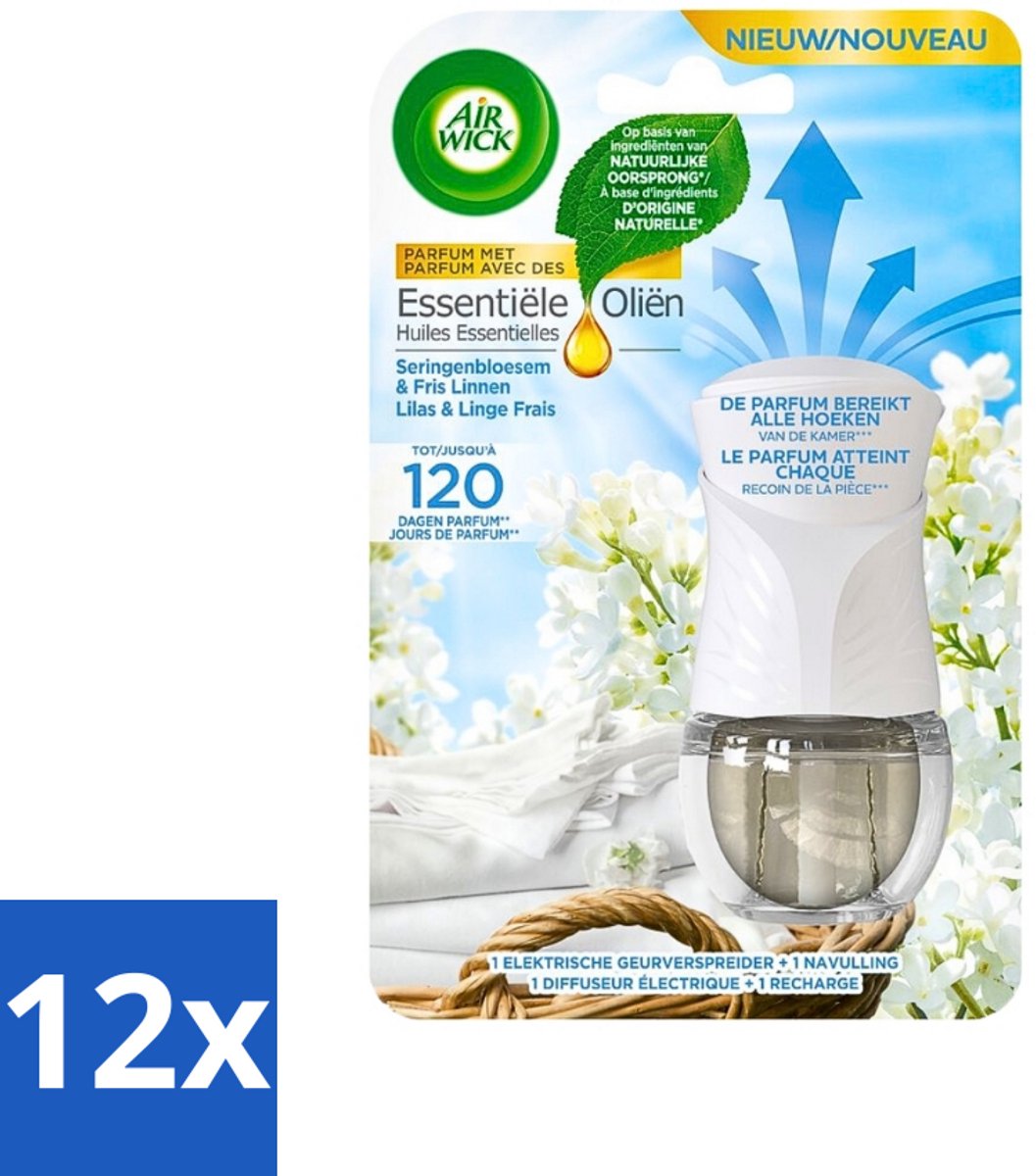 12 x Air Wick Essential Oils - Elektrische Geurverspreider Starterkit - Sering & Fris Linnen - 19ml - Luchtverfrisser - Geurverspreider - Air Wick - Essentiële Oliën - Sering & Fris Linnen