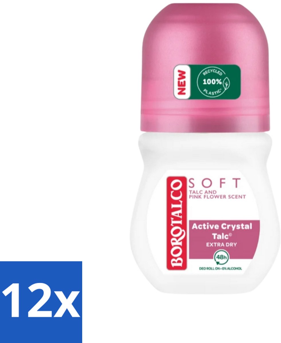 Borotalco - Deodorant Roller - Soft - Talc & Pink Flower - 0% Alcohol - 50 ml - Voordeelverpakking - 12 stuks