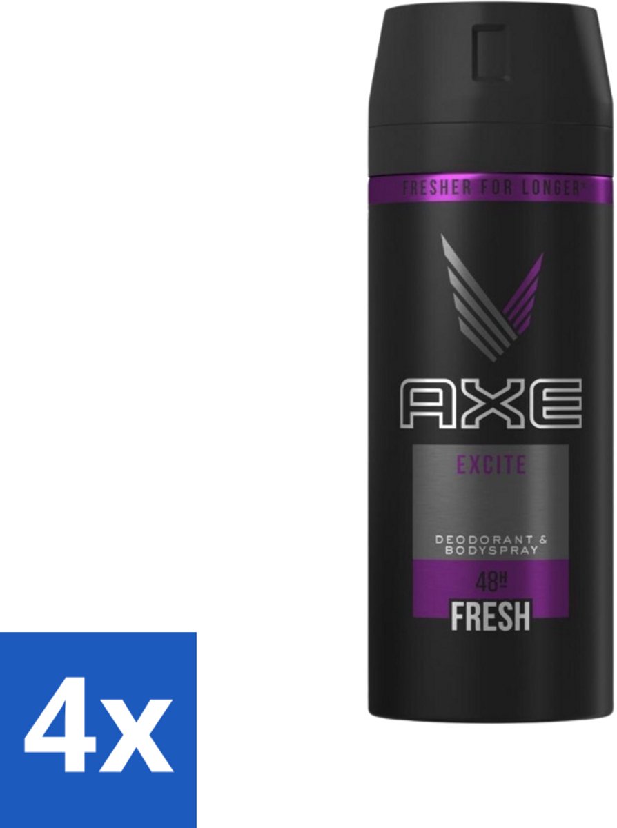 4 x Axe - Deodorant Bodyspray - 48hrs Fresh - Excite - 150 ml - Axe Deodorant - Deodorant Spray - 48 Uur Fris - Kokosnoot Geur - Zwarte Peper Geur