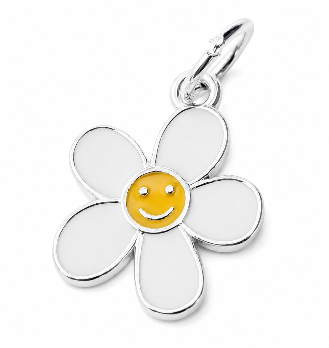 Zilveren hangertje - bedeltje - madeliefje bloem - gezichtje smiley - dames en kinderen - armband of ketting - wit en geel - 13x13 mm met 5mm oogje