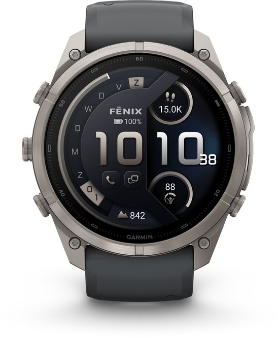 Garmin Fenix 9 Pro smartwatch met grijs bandje en digitaal display. Toont '1010' en '15.0K'.