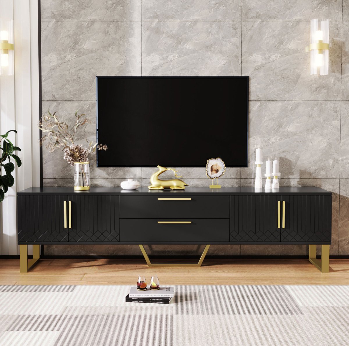 COVREO TV-meubel 170x40x53,5 cm zwart MDF, hoogglans met 2 lades