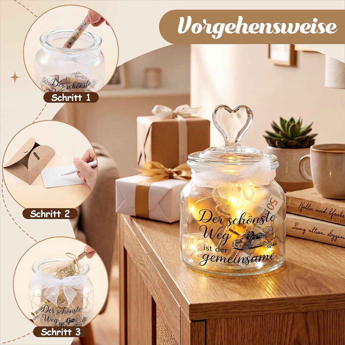 Cadeauverpakking met Geld, LED Flessenlicht, Gedroogde Bloemen en Wenskaarten voor Bruiloften