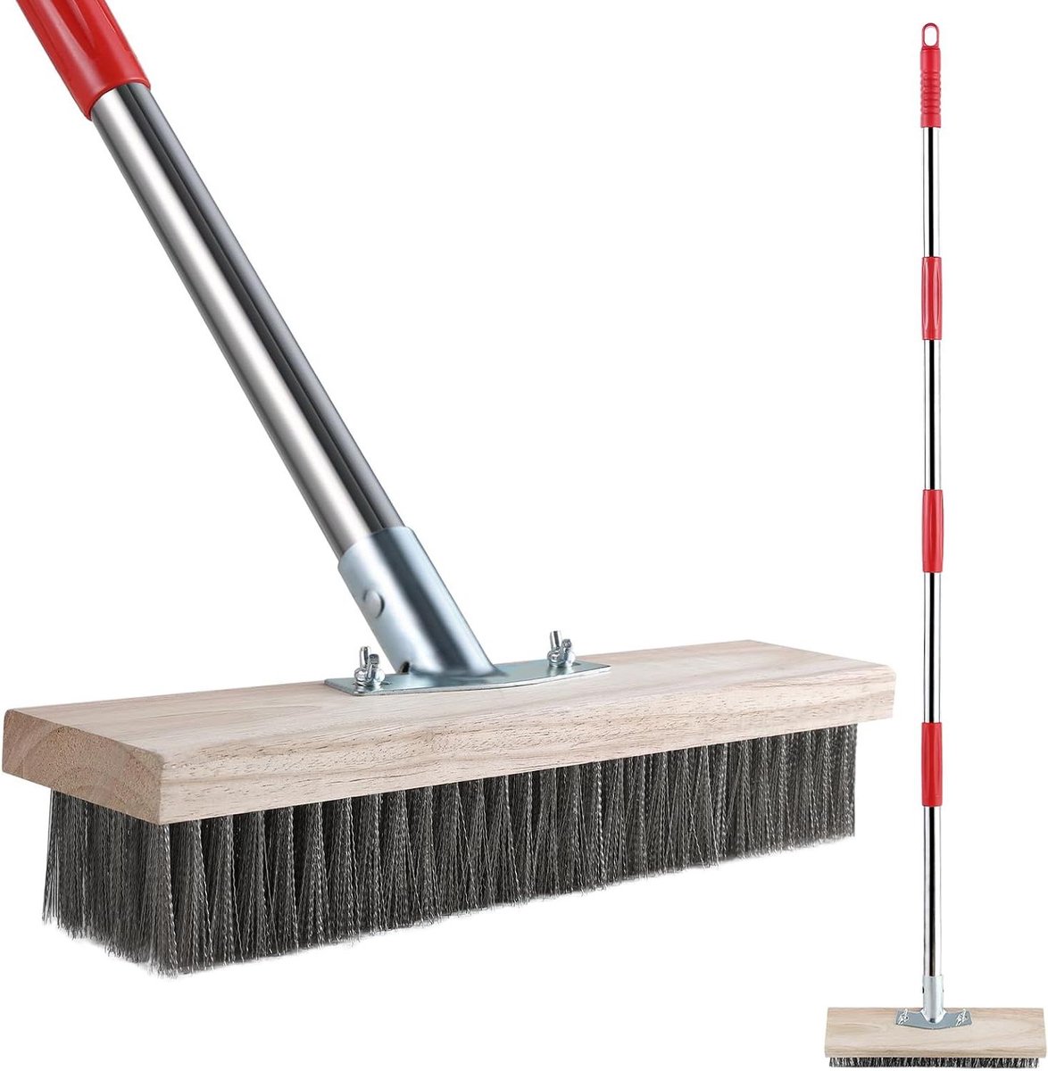 Staaldraadbezem - Metaalbezem Terras - Onkruid Verwijderen - Sterke Metalen Borstelharen - 145 cm Telescoopsteel - Rood