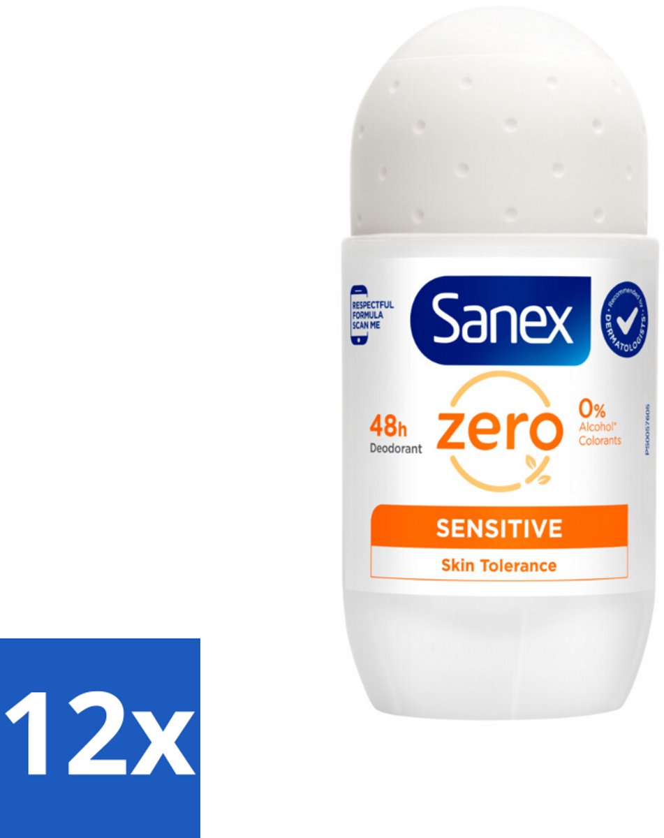 12 x Sanex Deodorant Roller Zero% Sensitive Skin 50 ml - Sanex Deodorant Zero% Sensitive - Alcoholvrije Deodorant - Parabenenvrije Deodorant - Gevoelige Huid - Milde Deodorant