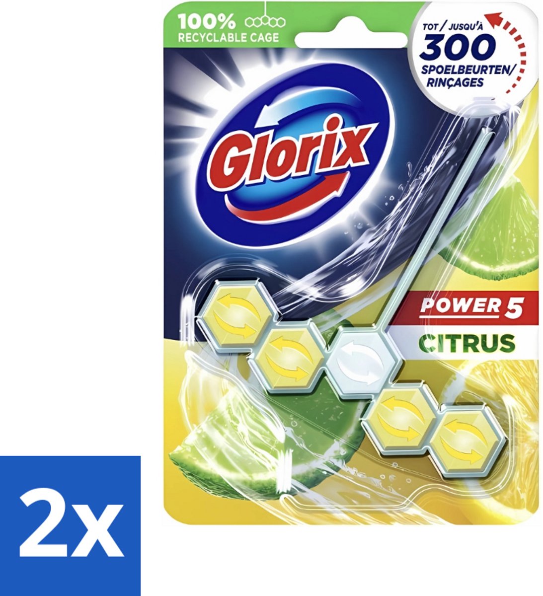 2 x Glorix - Toiletblok - Power 5 - Lemon - Citroenfris & Hygiënisch - 55 g - Toiletblok - Citroengeur - Hygiëne - Reiniging - Anti-kalk