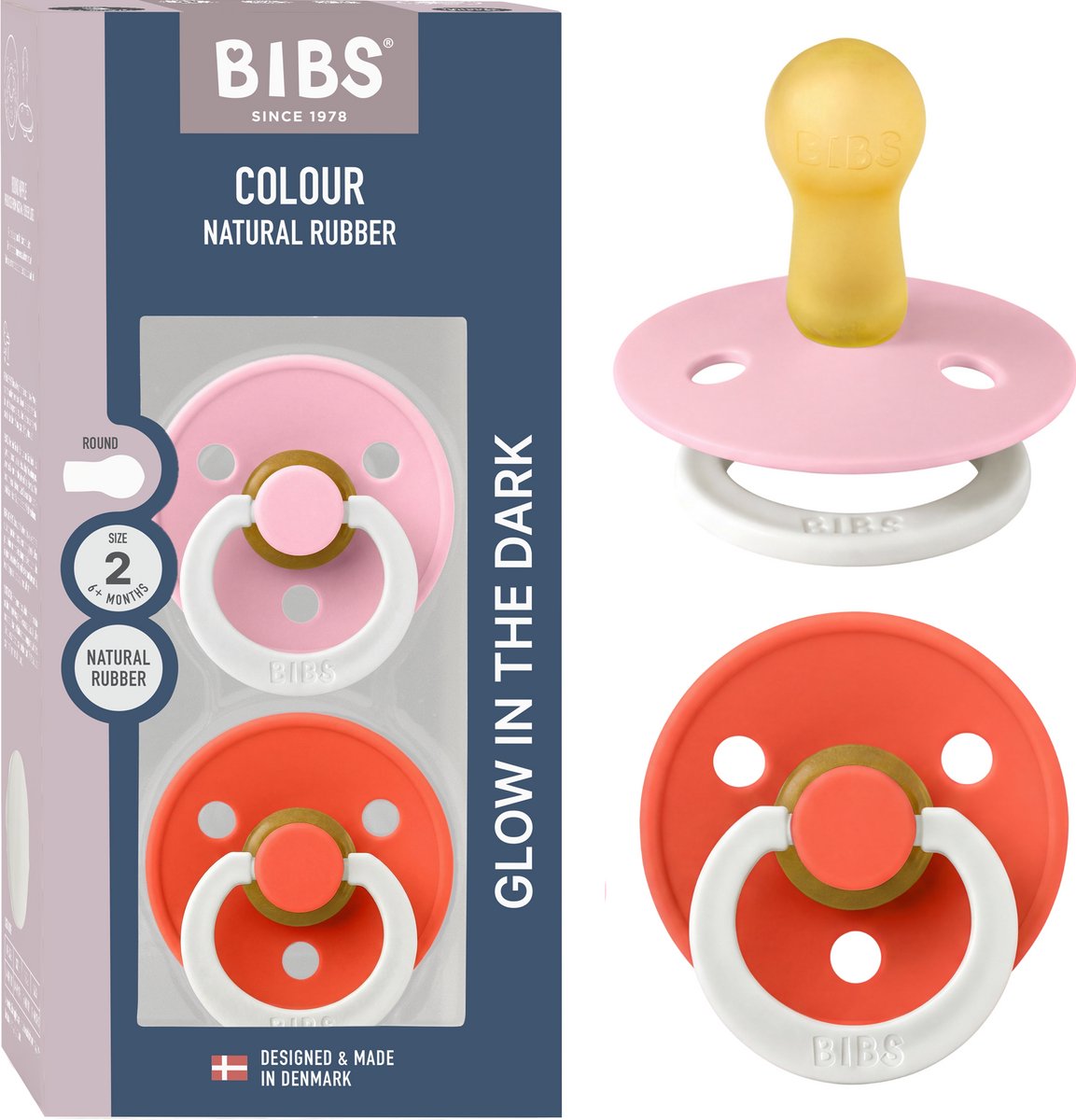 BIBS Colour Glow Fopspeen - 6-18 mnd - 2-pack - Rond - Baby Pink/Tango