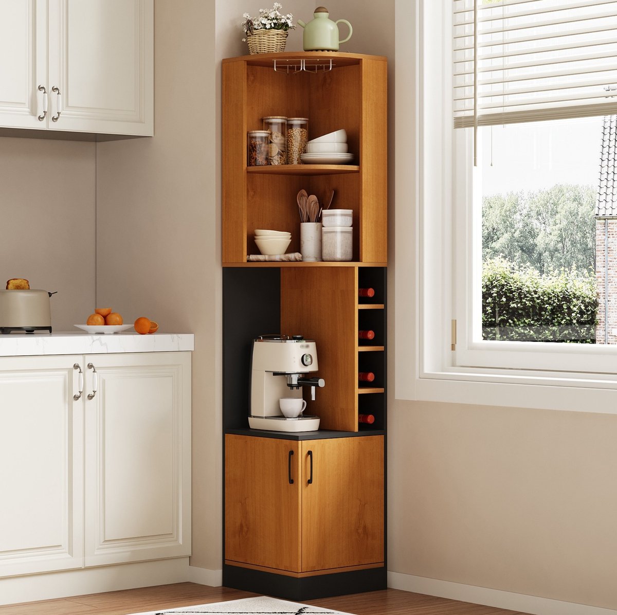 COVREO Hoekkast 40 x 40 x 182 cm naturel MDF, met wijnrek en glazenhanger