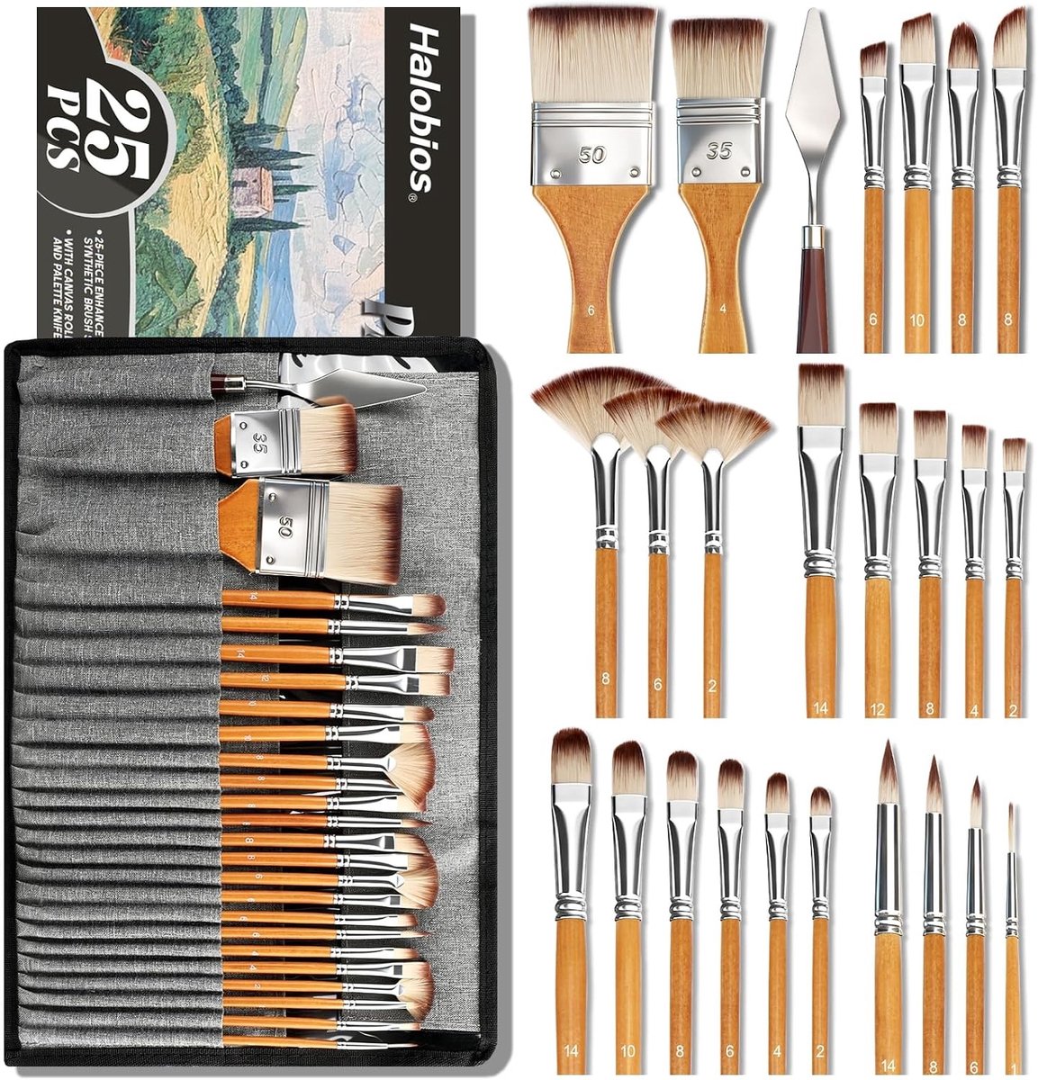 Complete 25-delige kwastenset met canvas opbergrollen voor schilderen en kunstprojecten