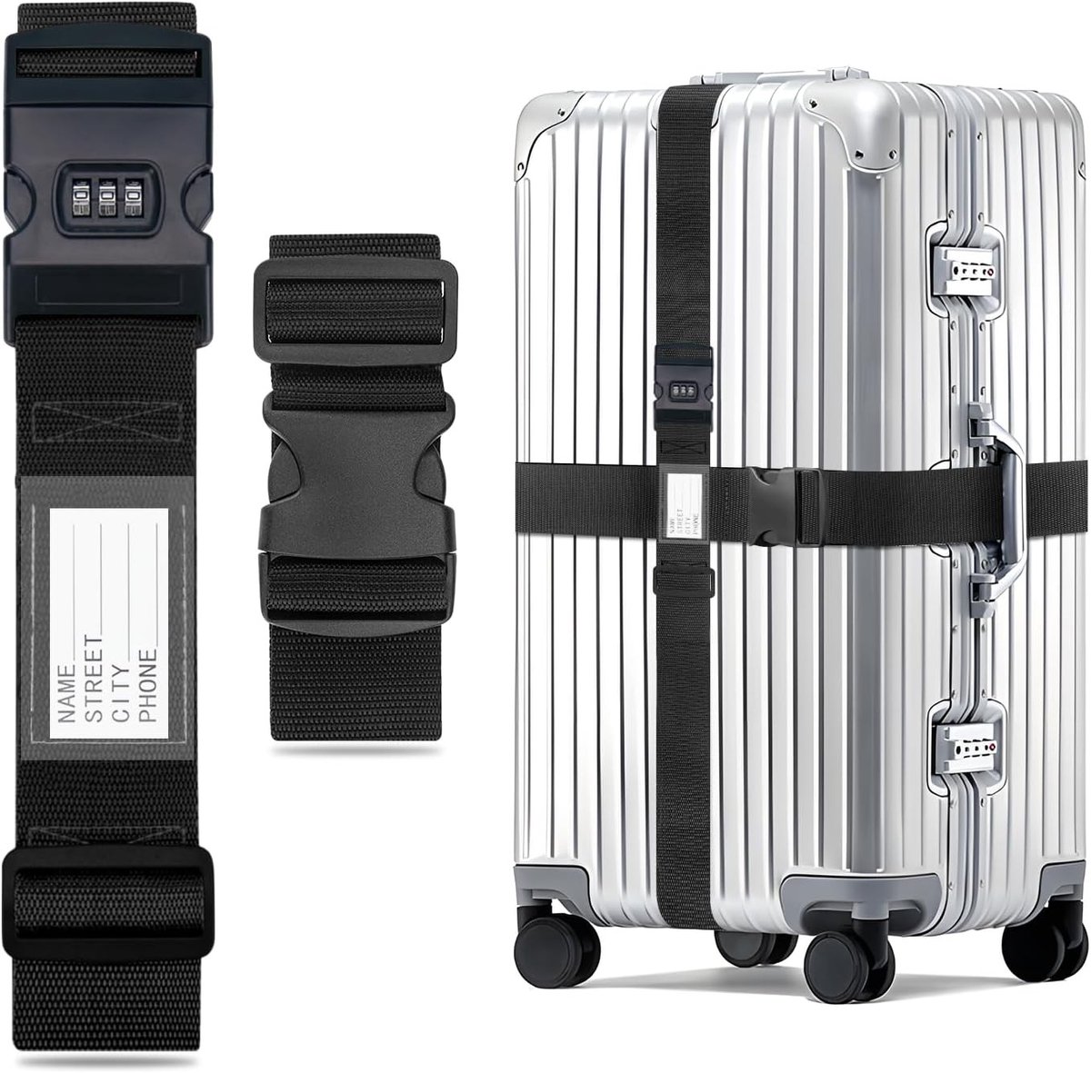 Verstelbare Luggage Strap met Combinatieslot - 2 Stuks, Veiligheidsbanden voor Reisbagage, Zwart, Tot 250 cm, Duurzaam en Betrouwbaar