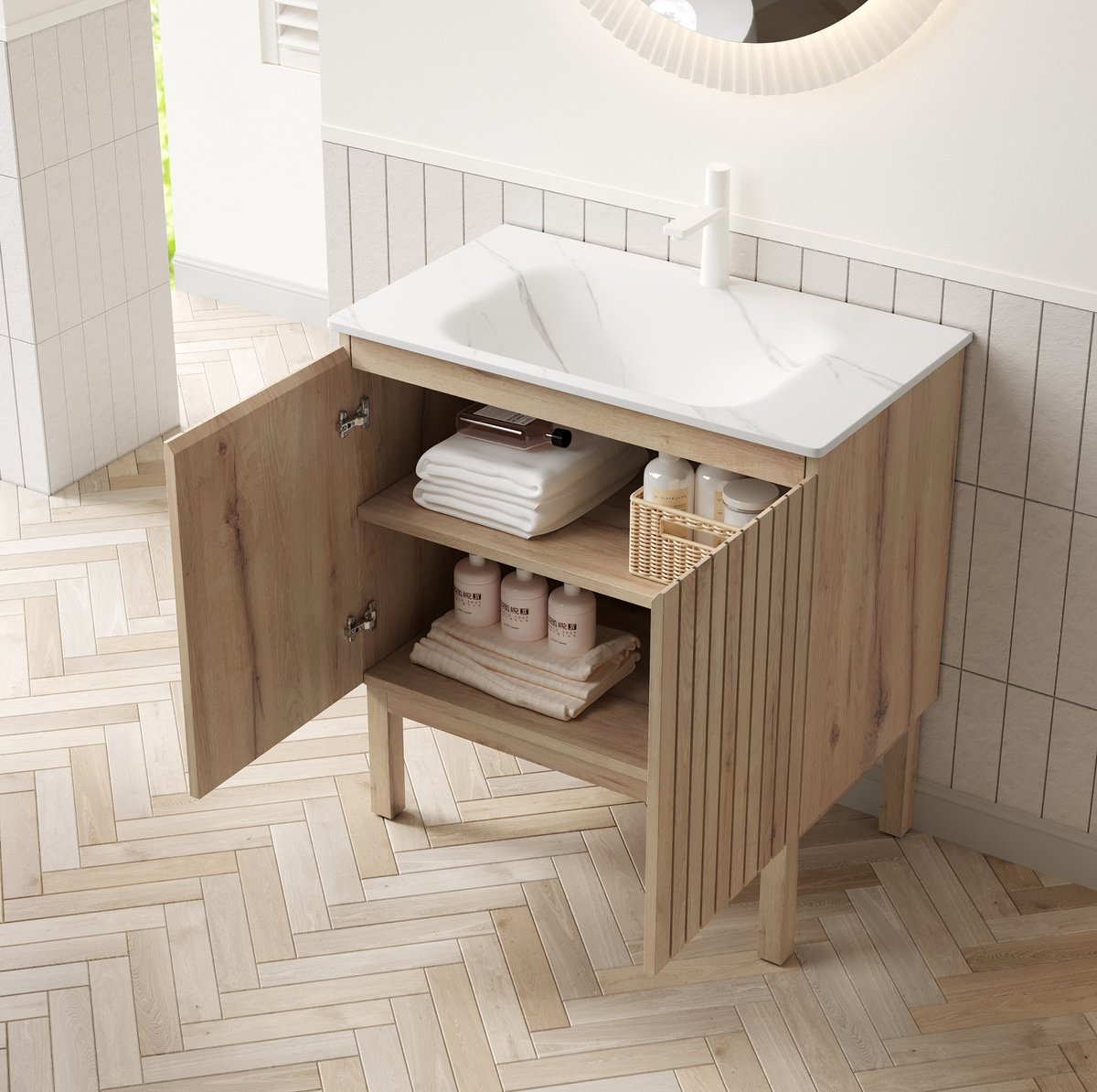 OKWISH Badkamerkast Met Wastafel - Vrijstaand 80,5 x 46,5 x 86,5 cm - 2 Deuren - Verstelbare Plank - Carrara Wit en Wit Eiken