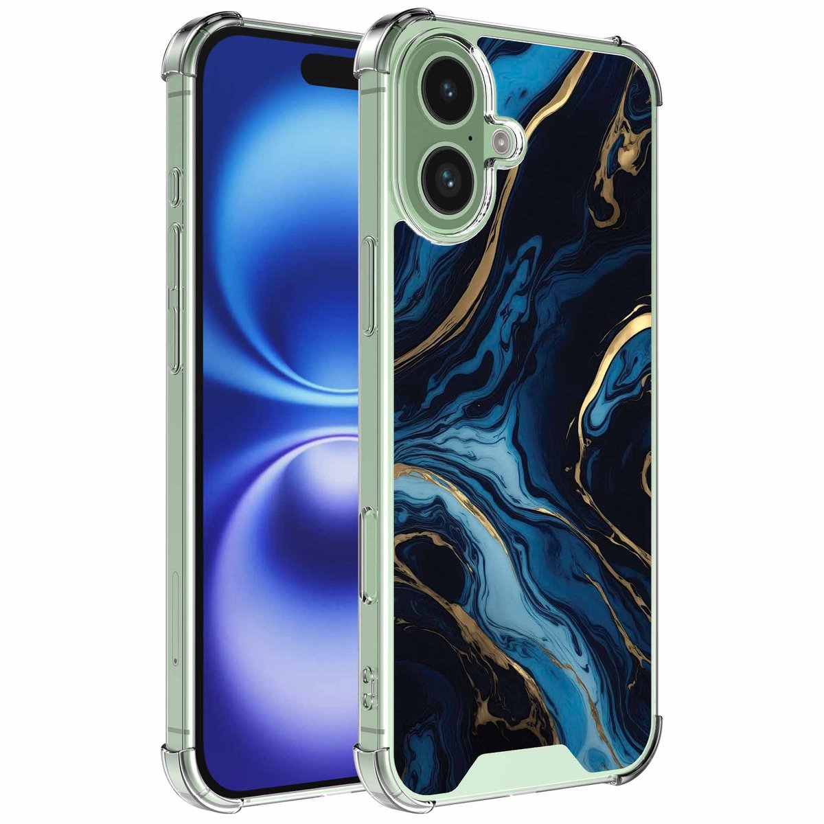 Smartphonica Geschikt voor iPhone 16 Telefoonhoesje met Goud Blauw Marmer opdruk - Draadloos op te laden - Shockproof Siliconen TPU Strong Case - Sterk Schokbestendig Telefoonhoesje geschikt voor iPhone 16