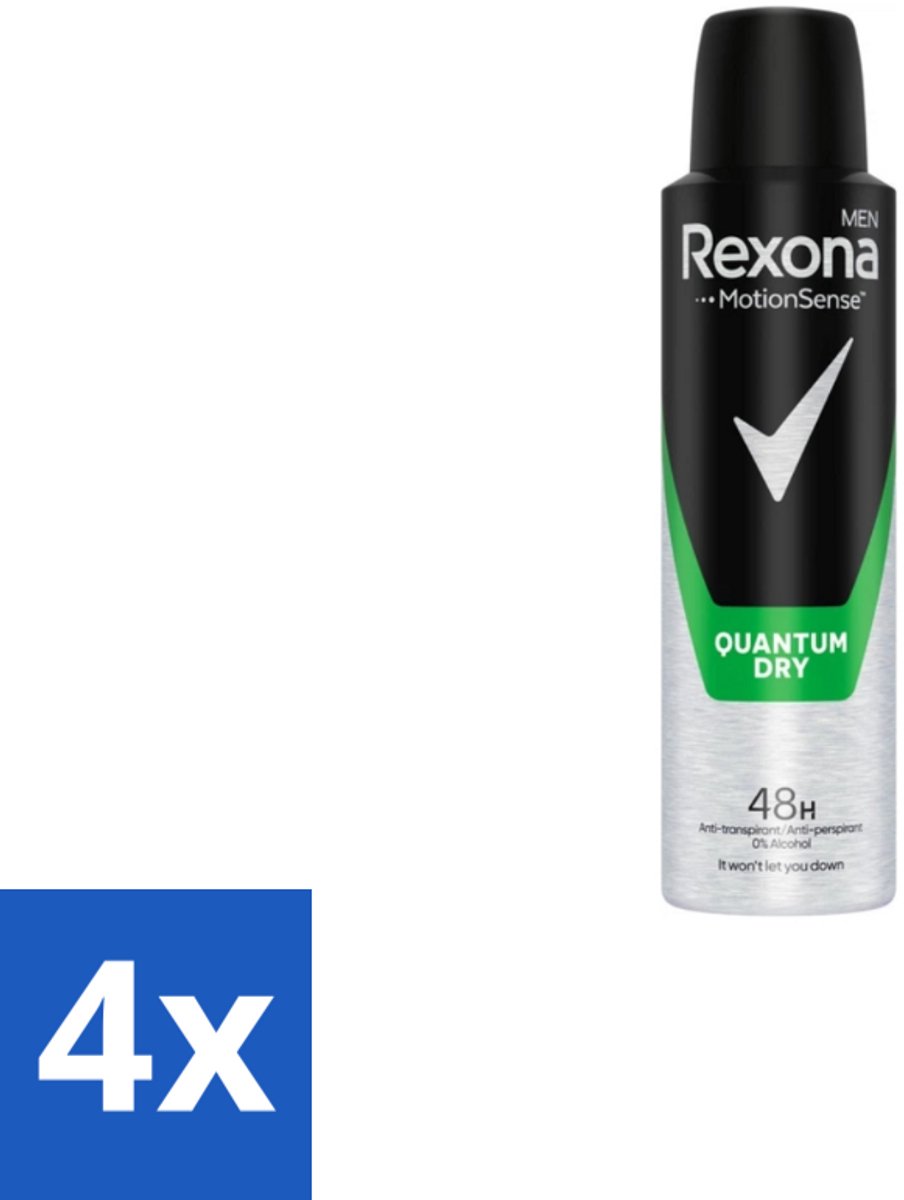 4 x Rexona Men – Deodorant Spray – Quantum Dry – 150 ml - Deodorant Spray - Zweetbehandeling - Mannelijke Geur - Frisse Geur - Bewegingsgevoelig