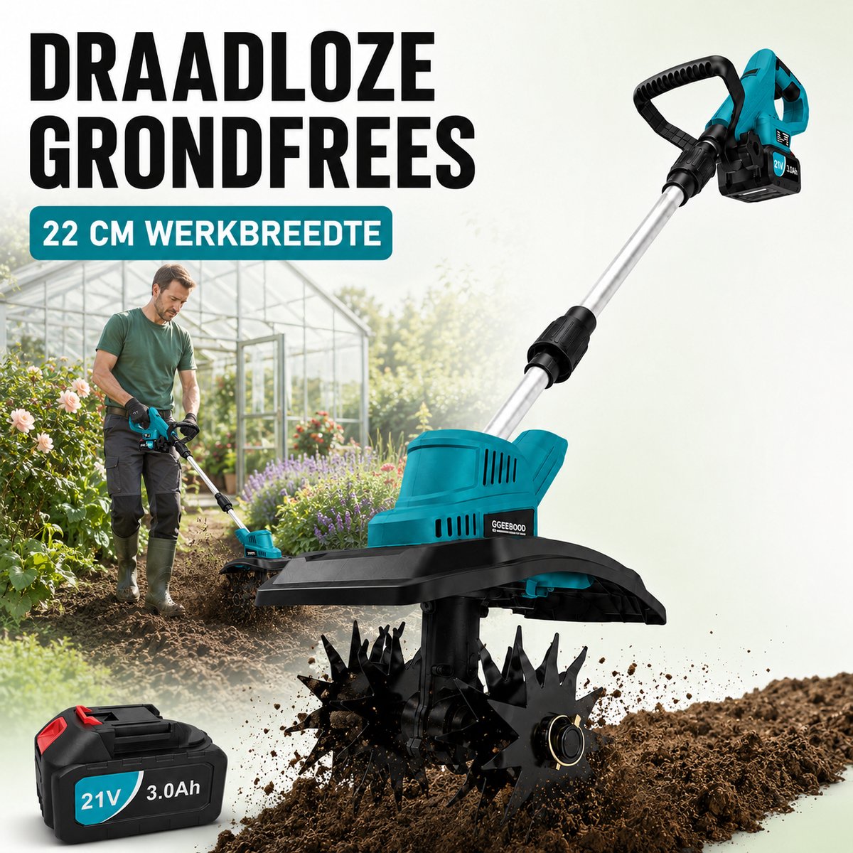 GGEEBOOD Elektrische Accu Grondfrees 21V – Snoerloze Motorhak, Tuinfrees en Bodemwoeler – 2× 3000 mAh Accu – Verstelbaar en Inklapbaar – Voor Grondbewerking, Zaaien en Onkruid