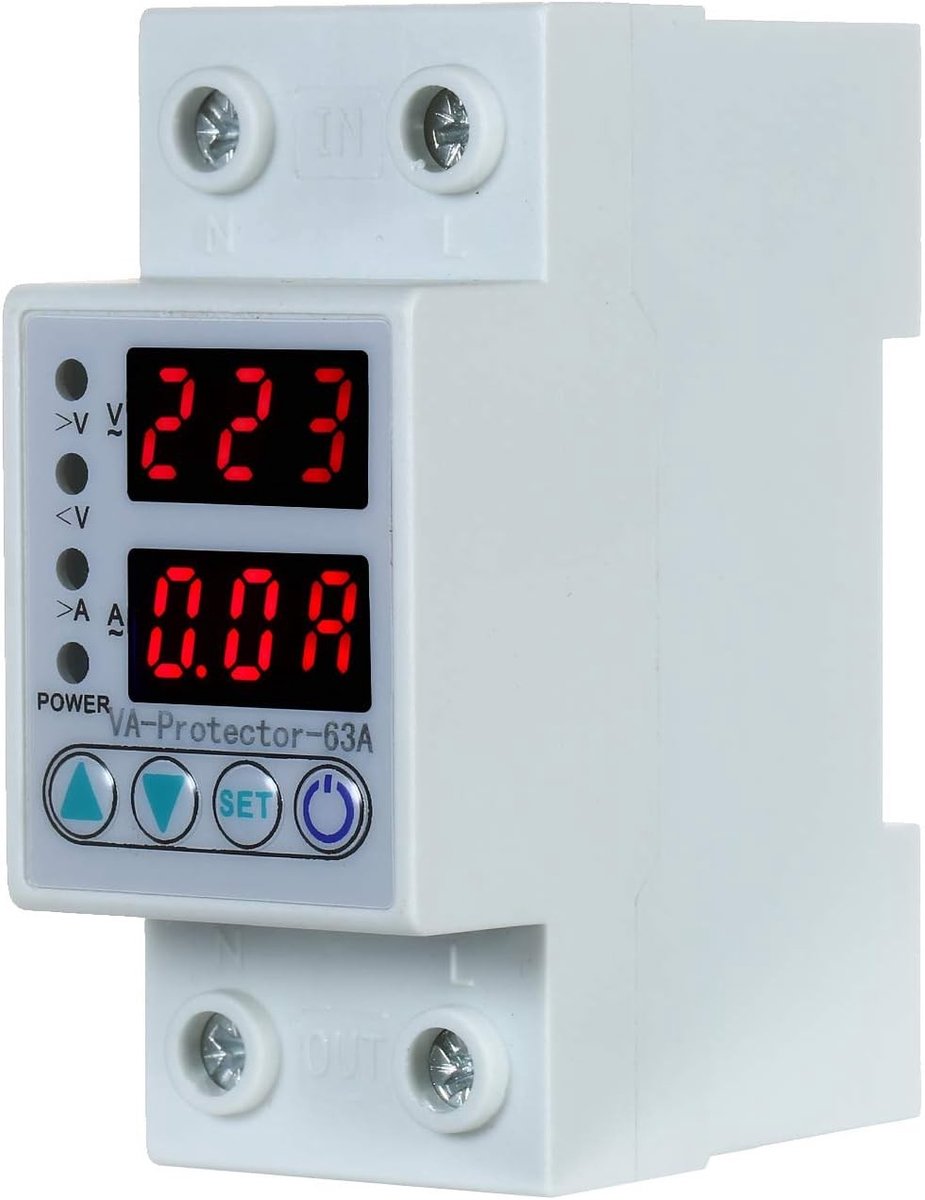 63A 220V DIN-rail overspannings- en onderspanningsbeveiliging, beveiligingsrelais, overbelastingsbeveiliging voor thuisgebruik met dubbele LED-display