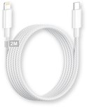 Witte 2 meter lange gevlochten USB-C naar Lightning kabel opgerold.
