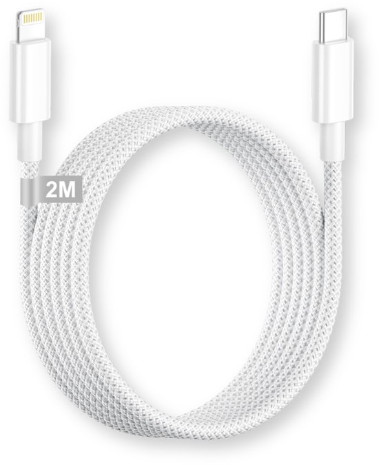 Witte 2 meter lange gevlochten USB-C naar Lightning kabel opgerold.