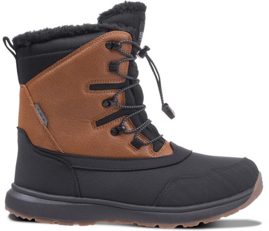 Zijaanzicht van een bruin-zwarte snowboot met vetersluiting en warme voering.