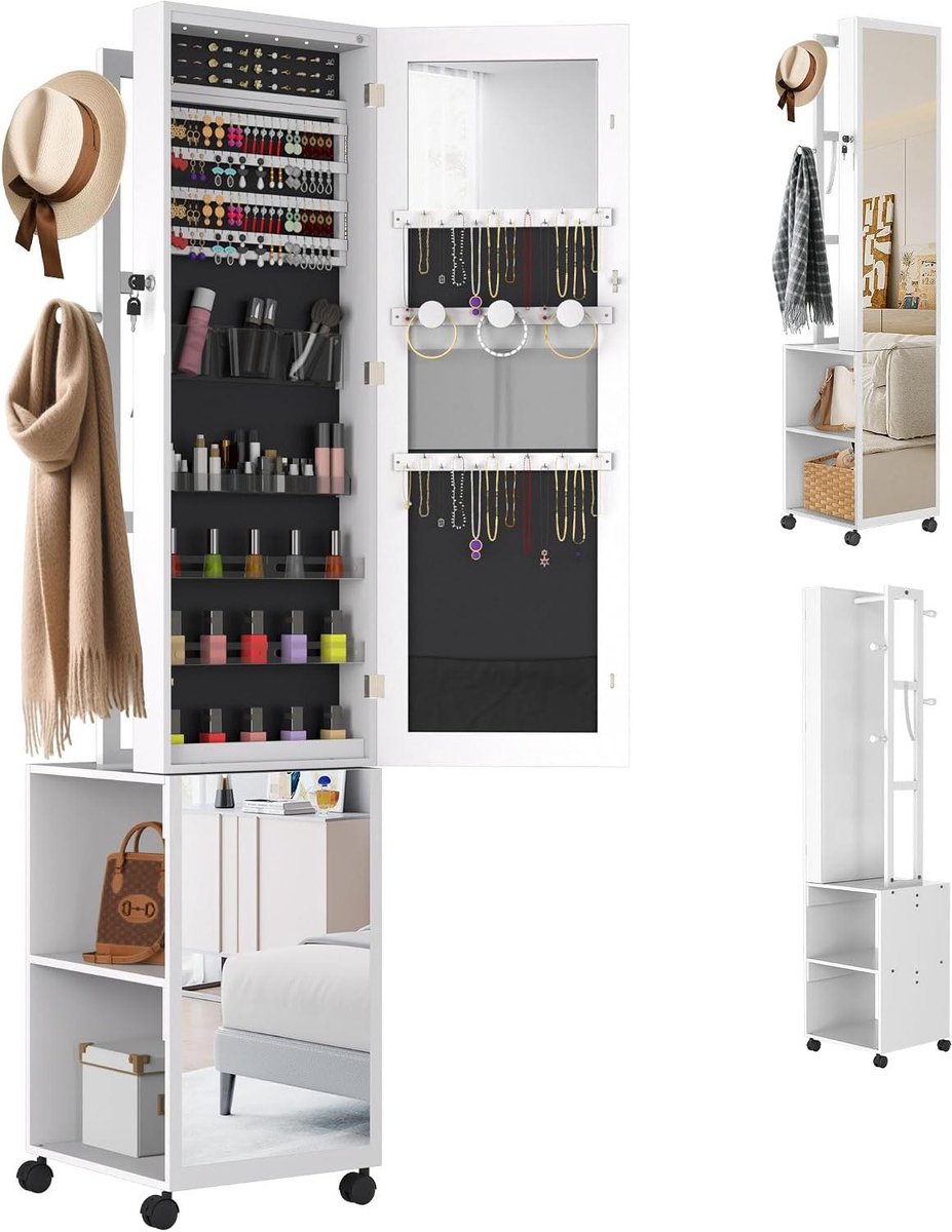 Juwelenkast met spiegel - Opbergkast - Orde houden - 5-in-1 functionaliteit - 170 cm hoog - Wit