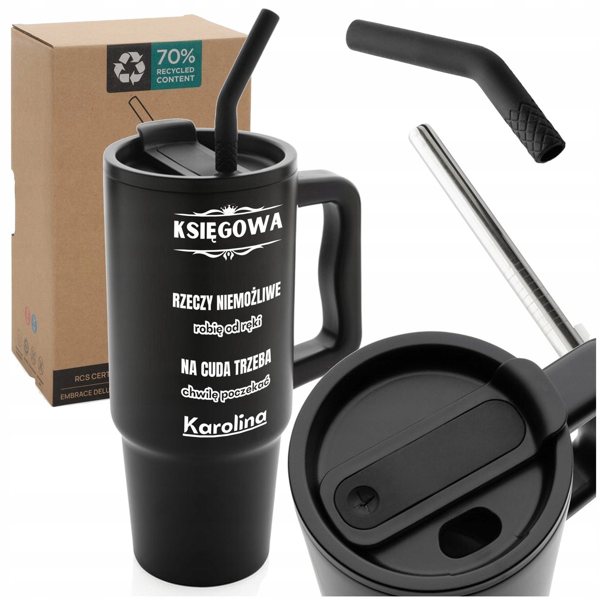 Thermosbeker 900ml met Handvat, Rietje & Gepersonaliseerde Gravure