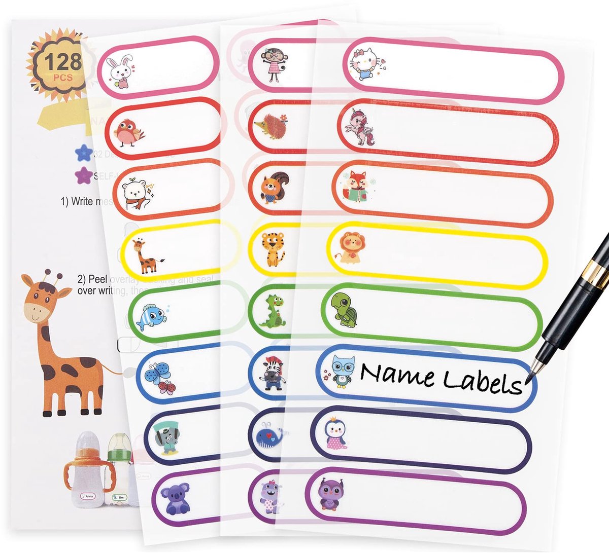 Elzusha- Naamstickers Waterdicht - 128 Stuks - Vaatwasmachinebestendig - Gepersonaliseerde Babyflesstickers - Naambadge - Organiseren School/Thuis - Etiketten