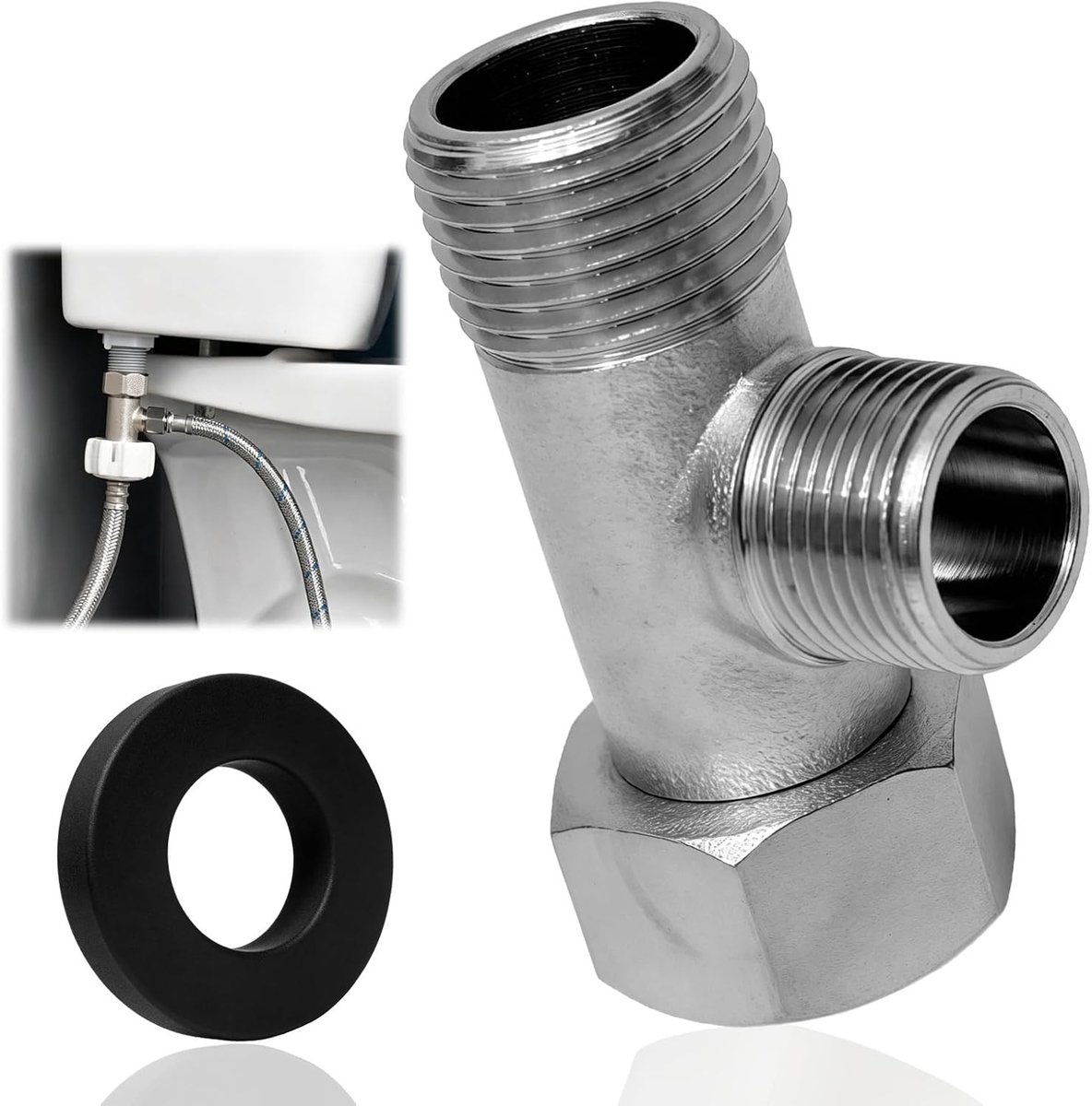 3-weg messing T-klep voor toiletverbinding, 3/8 inch recht en 1/2 inch zijkant, robuuste T-adapter voor toilet, wasmachine en douche, ideaal voor badkamer en keuken