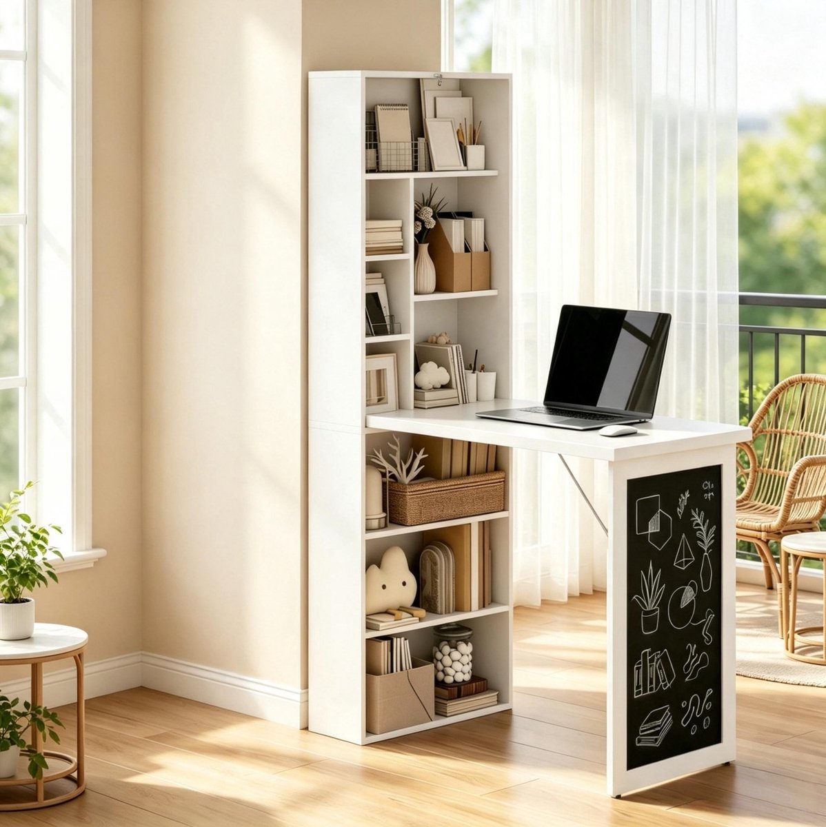 OKWISH Wandbureau Met Opbergruimte Klapbaar Voor Kleine Ruimtes Met Boekenrek En Krijtbord Wit Zwart 98 X 51 X 153 Cm