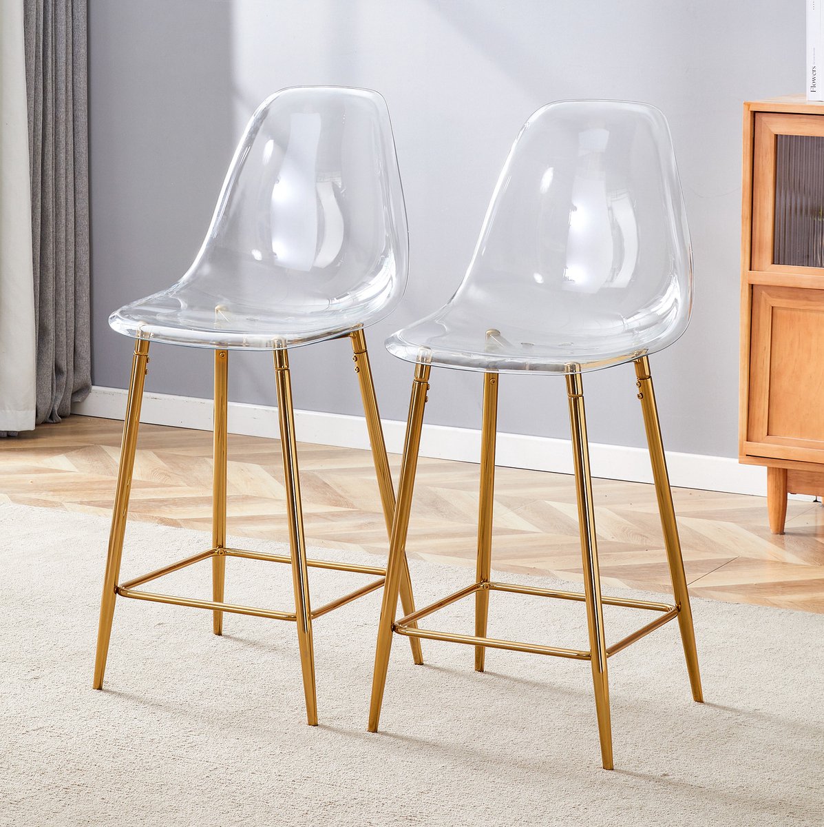 MIVRAY Barkruk 65 Cm Set Van 2 Transparante Zitting Met Rugleuning En Metalen Onderstel Voor Keuken En Bar Modern Goud
