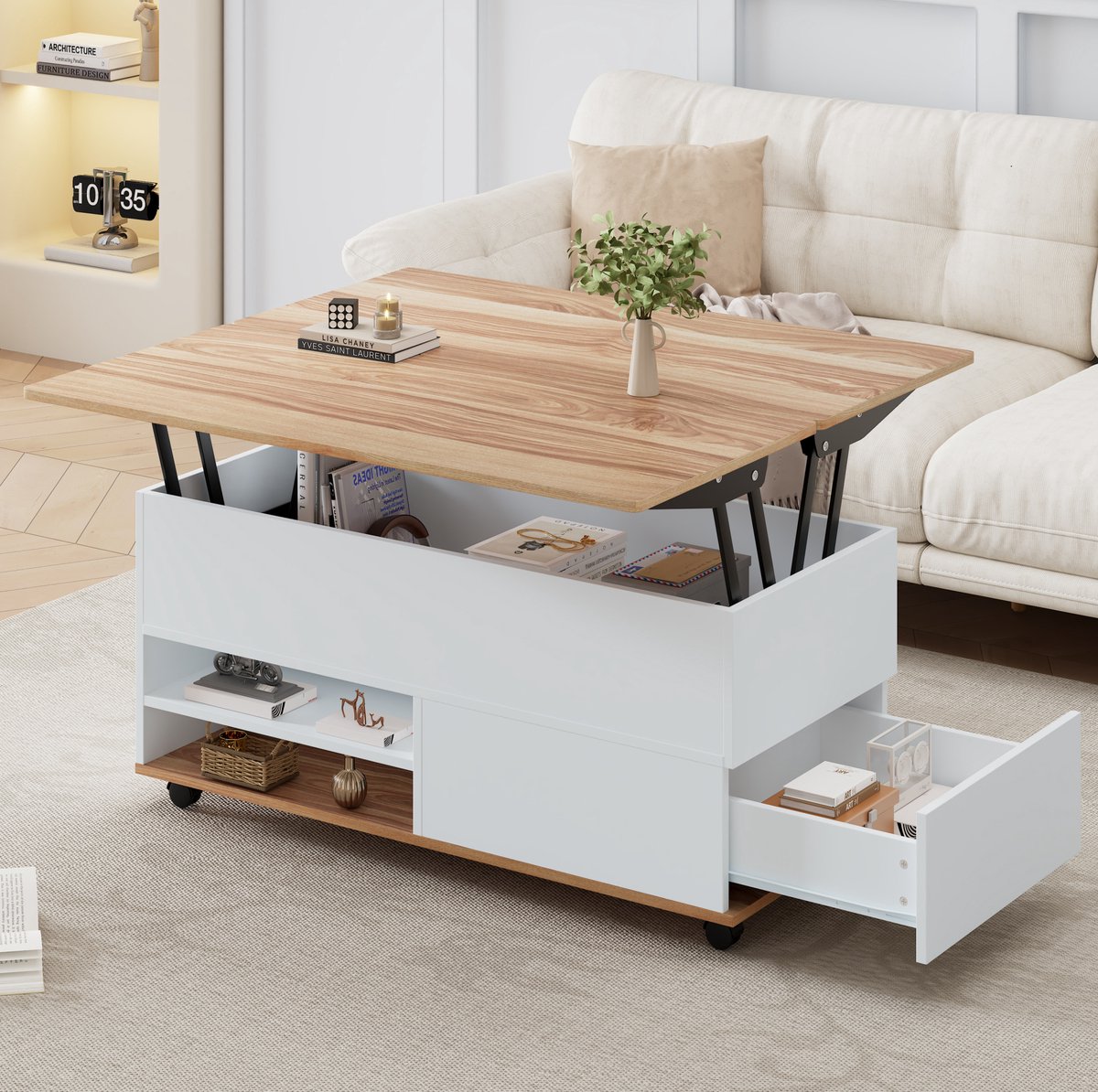 Wishdor Salontafel - Hoogteverstelbaar met lades - Hydraulisch en verrijdbaar - Modern - Woonkamer kantoor eetkamer - Bewerkt hout - Wit naturel houtkleur - 100 x 98 x 65 cm