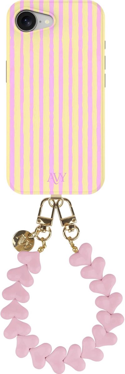AVY Hoesje Met Telefoonkoord | Geschikt voor Apple iPhone 17e / 16e | Compatibel met MagSafe & Qi2 | Hard Shell Back Cover | Stijlvol Bijpassend Koord Polsbandje (30CM) | Pink Lemonade