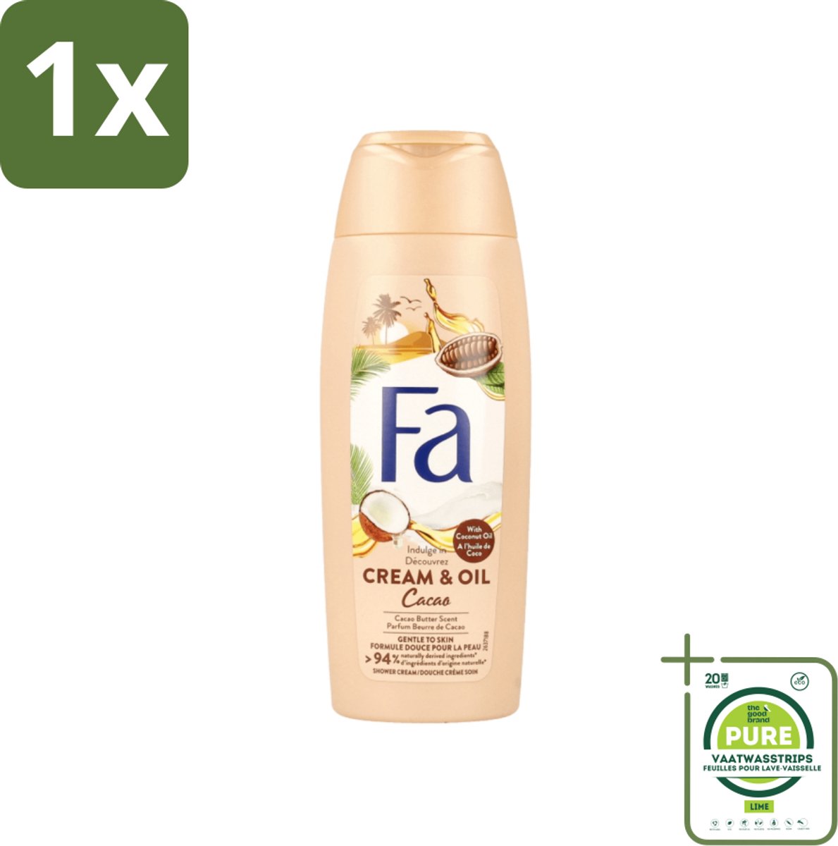 1 x Fa - Douchecrème - Room & Olie Kokosnuss Kakaoboter - Verzachtend & Voedend - 250 ml - Douchecrème - Natuurlijke Douchecrème - Verzorgende Douche - Cacaoboter - Kokosnoot