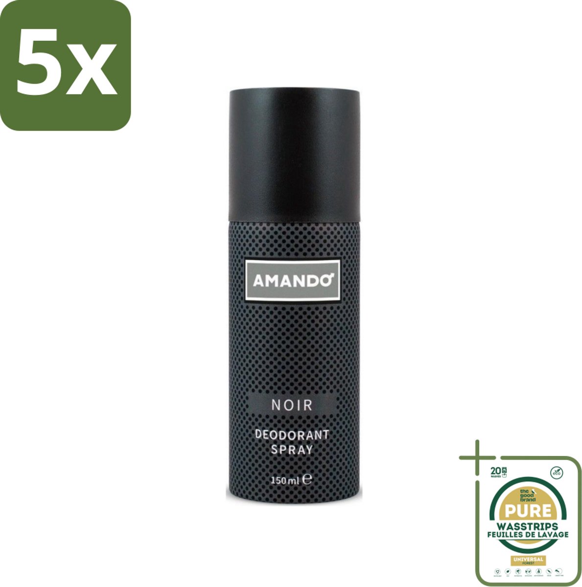 5 x Amando - Noir - Deodorant - Spray - 150 ml - Grootverpakking - Amando Noir Deodorant Spray - Deodorant Spray Voor Mannen - Klassieke Geur - Langdurige Bescherming - Mannelijke Geur