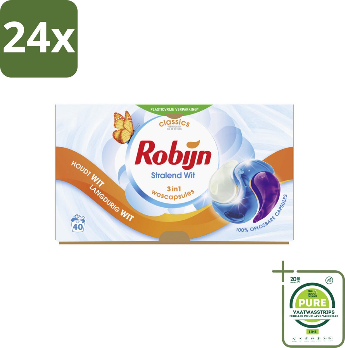 Robijn Wascapsules 3-in-1 Stralend Wit 40 stuks per verpakking - Voordeelverpakking - 24 stuks - Wit was - Wascapsules