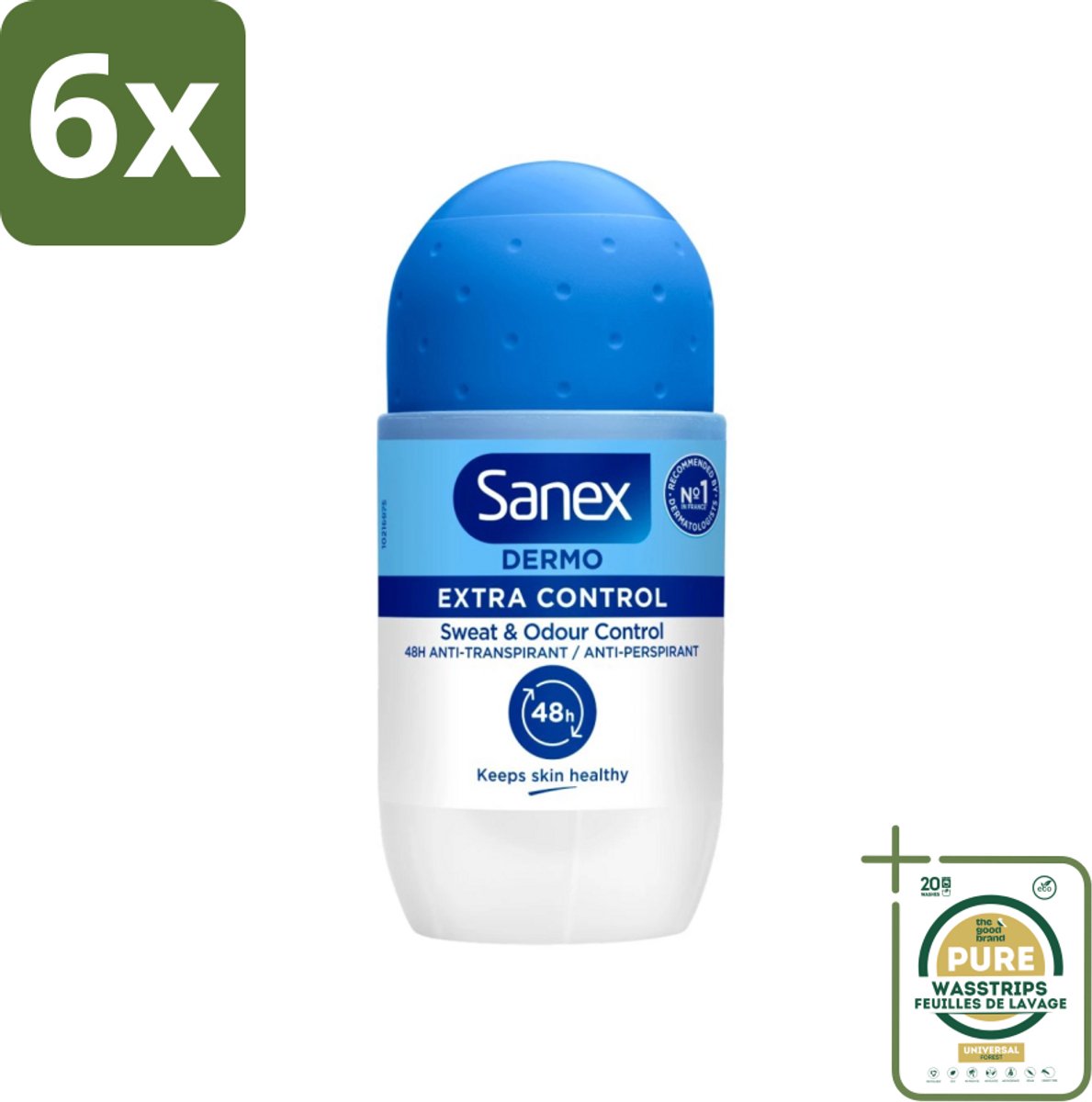 Sanex - Deodorant - Roller - Dermo Extra Control - Extra Bescherming tegen Geur - 50 ml - Voordeelverpakking - 6 stuks - Deodorant roller - 48 uur bescherming